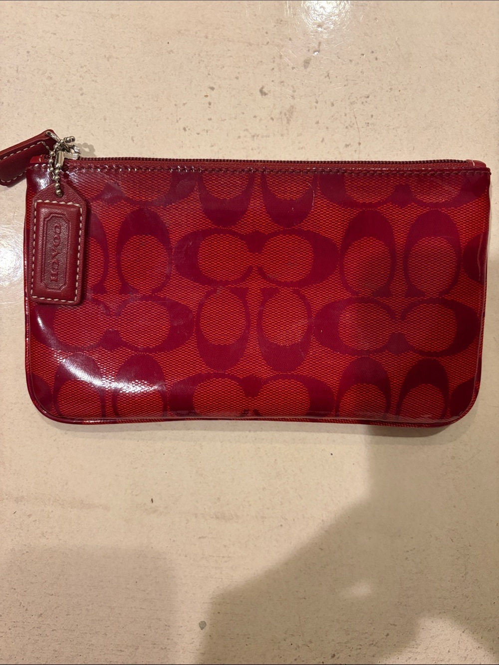 Coach Red Signature Gloss Zippered Pouch for Cosmetics or Travel Essentials